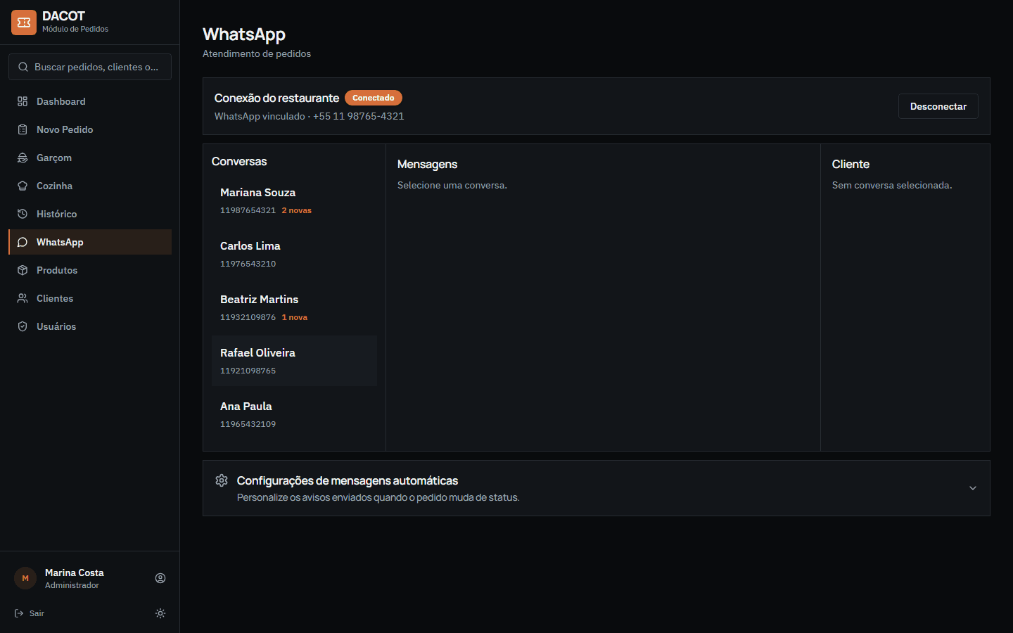 Caixa de entrada do WhatsApp integrada